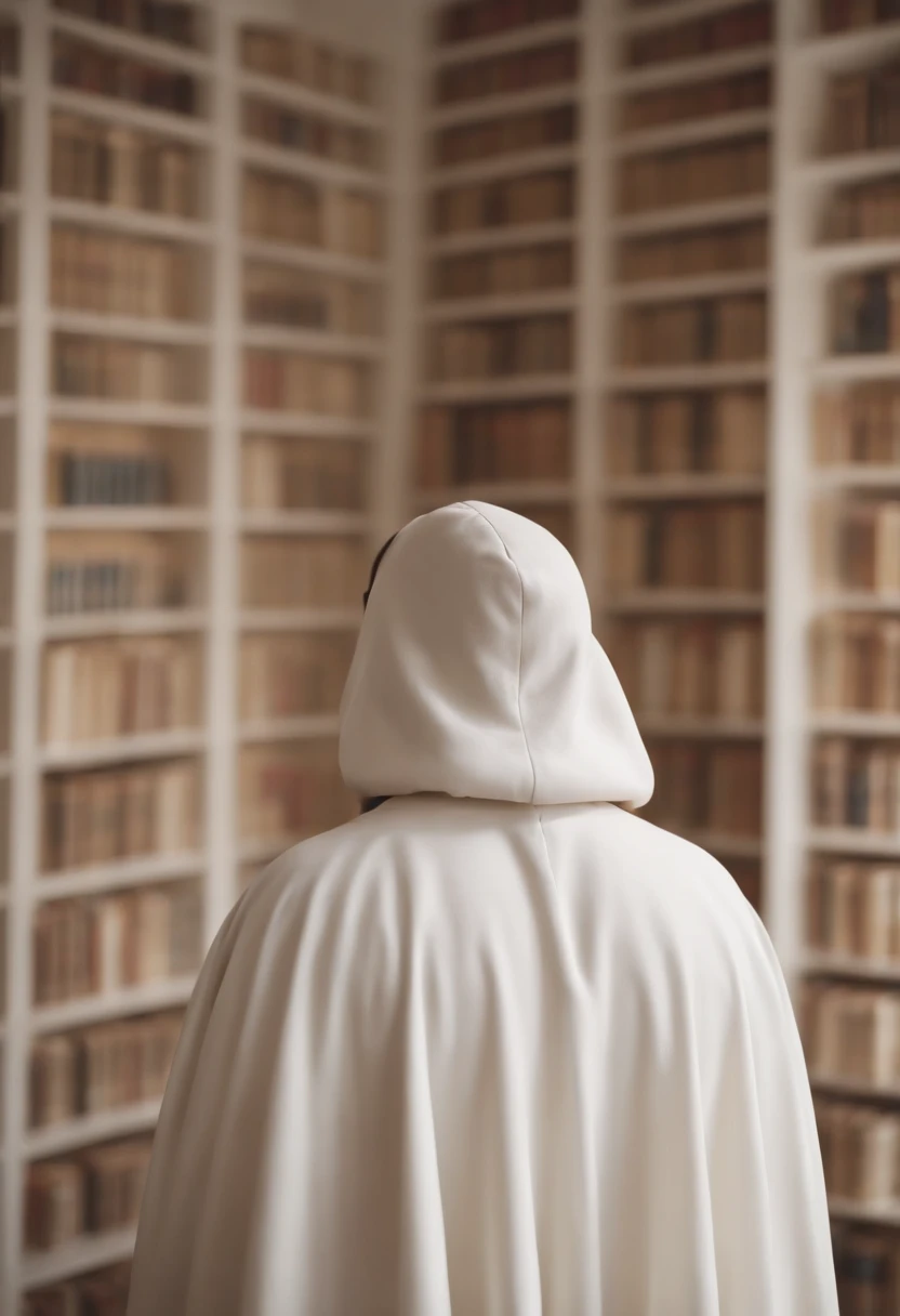 a man standing in white space , no details , wearing white cloak that is a bit short , looking up to a lot of books roaming around him , high angle shot , back view