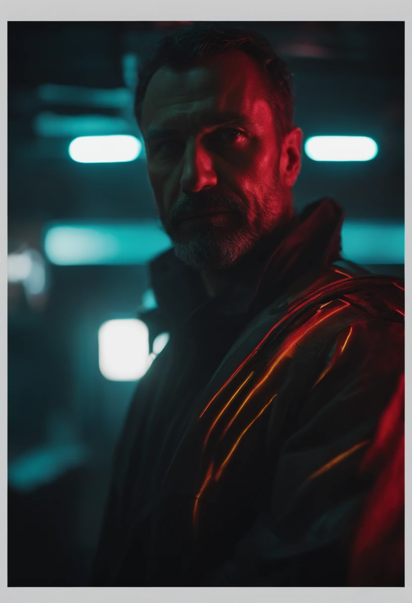 macro crisp quality, close up portraint, of cyberpunk brutal man, in cyberpunk neon room, rough skin, look at a camera, glowing eyes, age 40, cinematic, dimmed colors, dark shot, muted colors, film grainy, lut, spooky