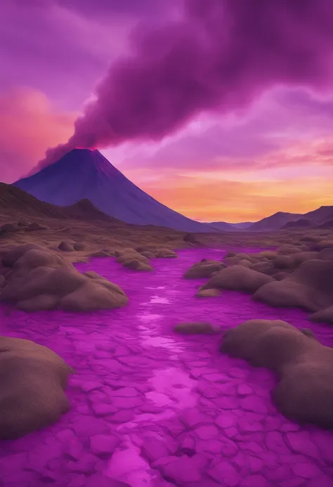 catastrophe, volcanic environment with purple aspect, Abismo Ambiental, ambiente cinza, ambiente desnivelado, gray sky, ashes falling from the sky, Piso todo rachado, viscous purple liquid running all over the floor, magma roxo, apenas desigual, pedras com...