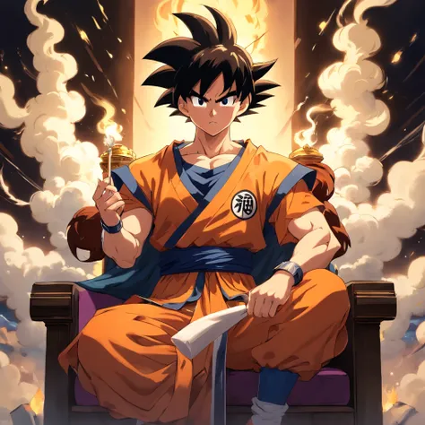 Goku usando uma roupa social preta, sitting on a royal throne with a cigarette in his hand, serious look, expression serious, incredible details, nuvens amarelas ao fundo