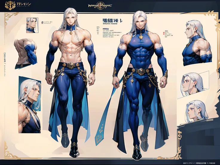 ((Masterpiece, Highest quality)), Detailed face, character design sheet， full bodyesbian, Full of details, frontal body view, back body view, Highly detailed, Depth, Many parts, Muscle boy with long white hair，handsome man, muscle body, navy, commander, ma...