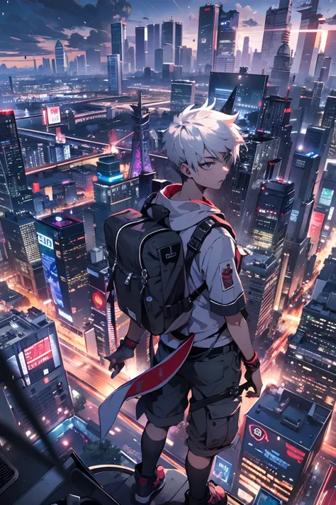 2boys,(15 years old boy:1.5)、Anime-style protagonist、Cyberpunk Boy、silber hair、Spiky hairstyle、machine gun、Japan sword on the back、Whole body bloody、Looking at the camera、Overhead view of the composition、The beginning of the adventure、Lots of clouds,heavy ...