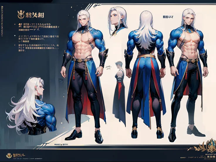 ((Masterpiece, Highest quality)), Detailed face, character design sheet， full bodyesbian, Full of details, frontal body view, back body view, Highly detailed, Depth, Many parts, Muscle boy with long white hair，handsome man, muscle body, navy, commander, ma...