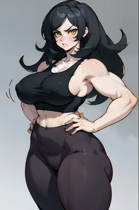 muscular 1 girl thick thighs large breasts curvy wide hips, pale skin yellow eyes black hair long hair angry tank top leggings