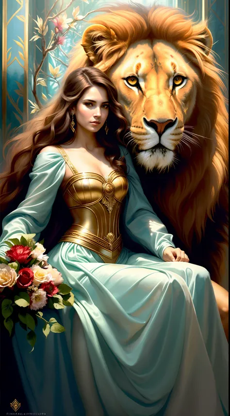 a painting of a woman in a dress sitting next to a lion, gorgeous goddess of leo, bela arte de fantasia, mulher da fantasia, mulher linda, retrato bonito da arte da fantasia, Graphic artist Magali Villeneuve, Magali Villeneuve», arte de fantasia muito boni...