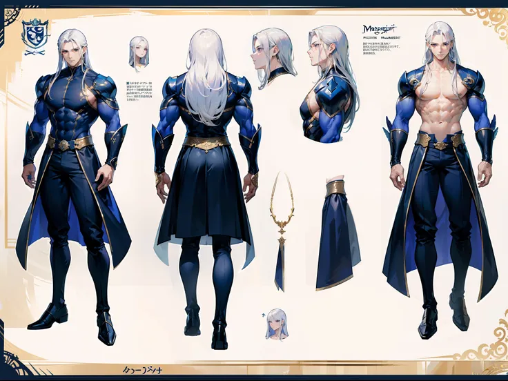 ((Masterpiece, Highest quality)), Detailed face, character design sheet， full bodyesbian, Full of details, frontal body view, back body view, Highly detailed, Depth, Many parts, Muscle boy with long white hair，handsome man, muscle body, navy, commander, ma...