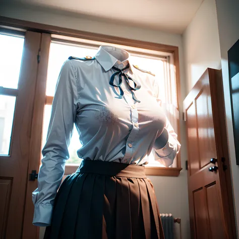 (hanged school uniform), ((invisible, no humans:1.5, headless:1.5, handless, legless)), big breast, (close up-to breast), (on hanger), 
(8k, RAW photo, best quality, masterpiece:1.2), (realistic, photo-realistic:1.37),photon mapping, radiosity, ((Hasselbla...