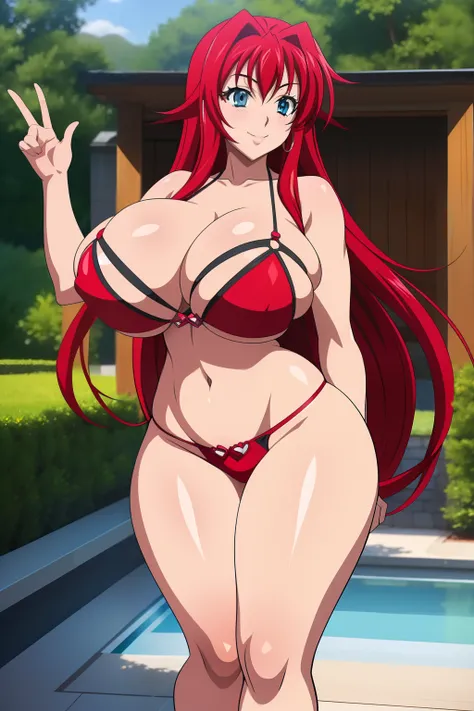 Highschool dxd, Rias Gremory,1girl, (((bimbo))), long red hair , blue eyes, ear rings, (((bimbo))), thick lips, smile face, wide hips, thick thighs, bikini, huge round ass, huge natural breasts, blue jeans, bra, hand signs