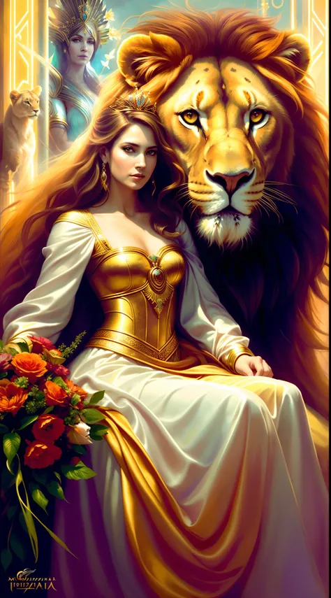 a painting of a woman in a dress sitting next to a lion, gorgeous goddess of leo, bela arte de fantasia, mulher da fantasia, mulher linda, retrato bonito da arte da fantasia, Graphic artist Magali Villeneuve, Magali Villeneuve», arte de fantasia muito boni...