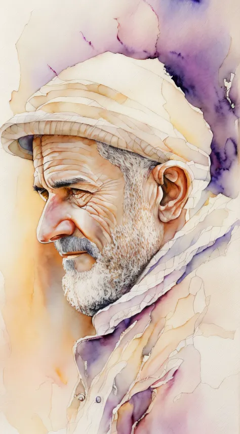 Homem, 50 anos, Pintura aquarela delicada, Romantic watercolor, Artista apaixonado, art-station, Smoothness in high definition, Soft and romantic colors, luz natural suave, Lente macro para detalhes sutis, Perspectiva delicada