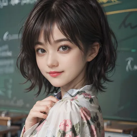 (((Black Shorthair:1.2))),  (a 20 yo woman), (T-shirt design), (Floral clothing), (Breast bulge),((Being in a physics classroom)),  (A hyper-realistic), (Relaxed), (Increased resolution), (8KUHD), (Extremely detailed), (Best Illustration), (Beautiful and d...