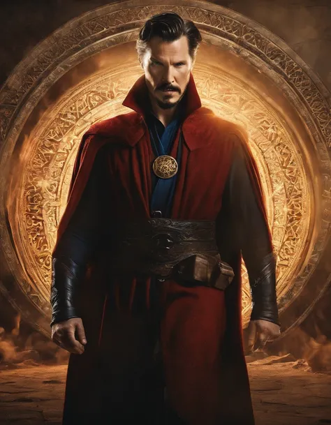 ultra-detailed realistic photograph with ultra-HD 8k resolution of Marvels Doctor Strange character summoning his Mystical powers with his hands wearing his classic 616 terrra uniform.