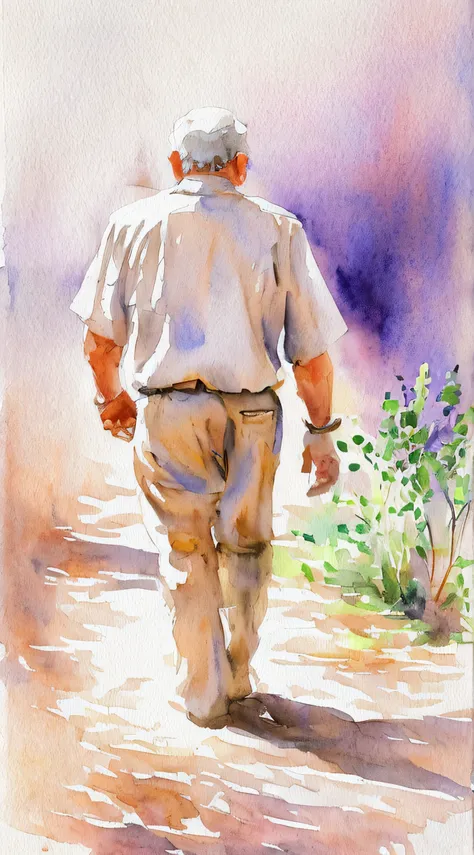 Homem, 50 anos, Pintura aquarela delicada, Romantic watercolor, Artista apaixonado, art-station, Smoothness in high definition, Soft and romantic colors, luz natural suave, Lente macro para detalhes sutis, Perspectiva delicada