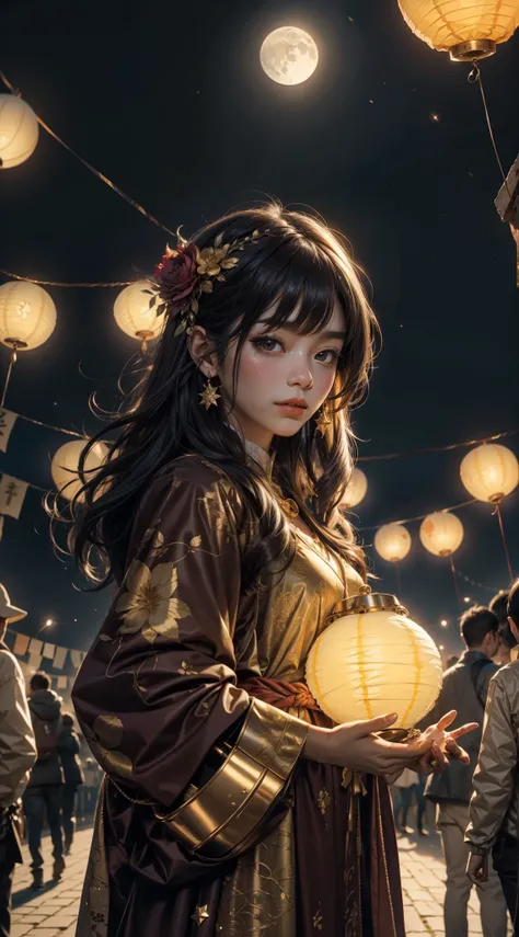 (max resolution: 1.2), (Ultra HDTV: 1.2), 8K resolution, Eye and skin details, face details, , (Sharp focus: 1.2), (Precise focus) sharp face: 1.2), Girl standing in the sky, flying flower lanterns, Mid-Autumn Festival, Ancient costume, (long hair), Black ...