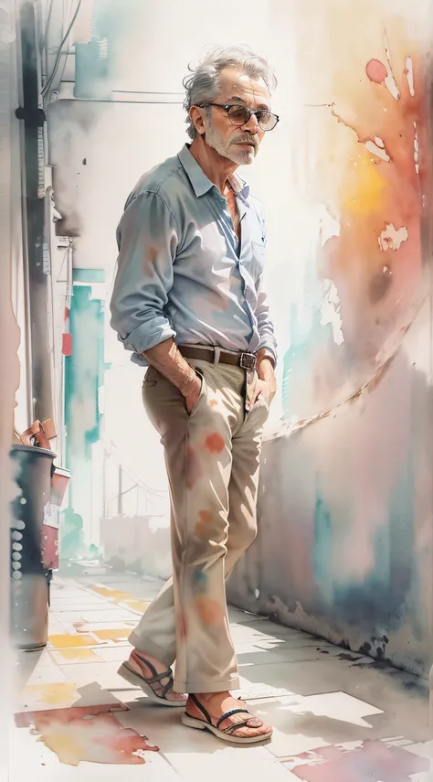 Homem, 50 anos, Pintura aquarela delicada, Romantic watercolor, Artista apaixonado, art-station, Smoothness in high definition, Soft and romantic colors, luz natural suave, Lente macro para detalhes sutis, Perspectiva delicada