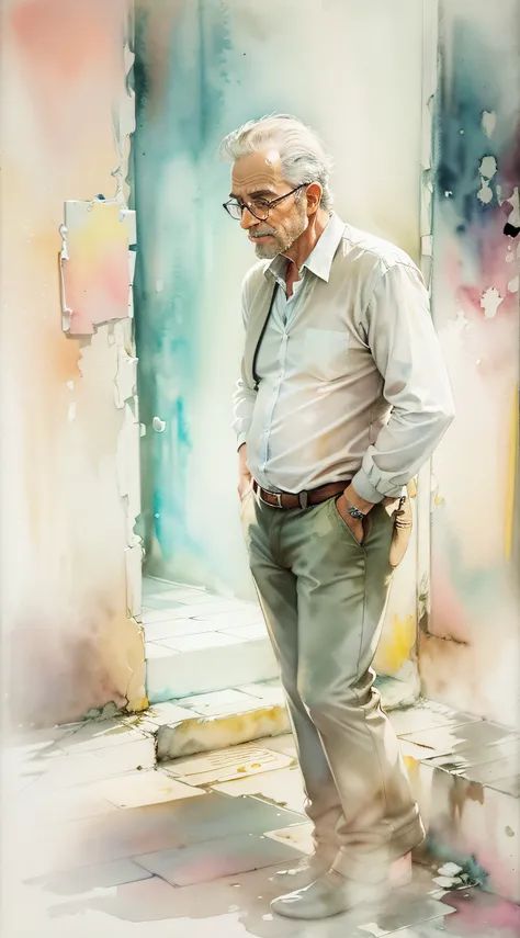 homem, 50 anos, pintura aquarela delicada, romantic watercolor, artista apaixonado, art-station, smoothness in high definition, ...