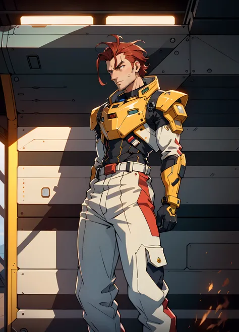 A man with short red-gold hair, hair slicked back, thick and disheveled hair, a cold and ruthless gaze, a confident expression, wears a two-piece futuristic military-style uniform, primarily in shades of white and red, accented by touches of yellow, stream...