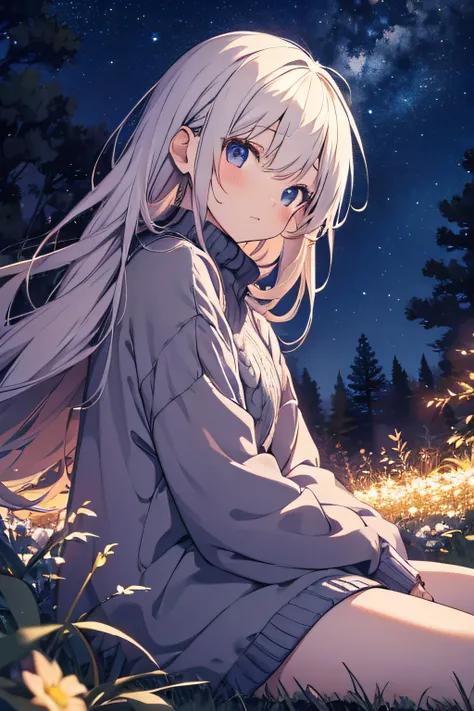 anime girl sitting on ground with legs outstretched, cute face, dark field, starry night sky, plants, long sweater, looking at viewer from side, leaning back, dark forest, night