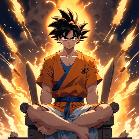 Goku usando um terno social preto, sitting on a royal throne with a cigarette in his hand, serious look, expression serious, incredible details, nuvens amarelas ao fundo