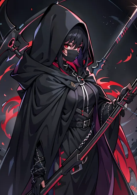 upper body, 1woman, black hair, Long Haired, Red eyes, (Grim Reaper), Black Long hoodie Cape, Black Large Scythe, tunic, big breats, wallpaper, Chain background, light particles, (masterpiece), best quality, Black mask, side-swept bangs, Top Quality, black...