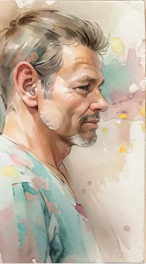 Homem, 50 anos, Pintura aquarela delicada, Romantic watercolor, Artista apaixonado, art-station, Smoothness in high definition, Soft and romantic colors, luz natural suave, Lente macro para detalhes sutis, Perspectiva delicada