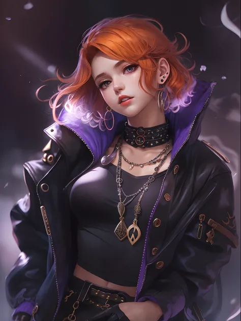 magazine scan,(magazine cover:1.2), cover text, text,( magatama necklace:1.1), wlop, 1girl, black gloves, dark purple open jacket, character request, commentary, earrings, double v, purple jewelry, short curly orange hair, looking down, perfect flowing hai...