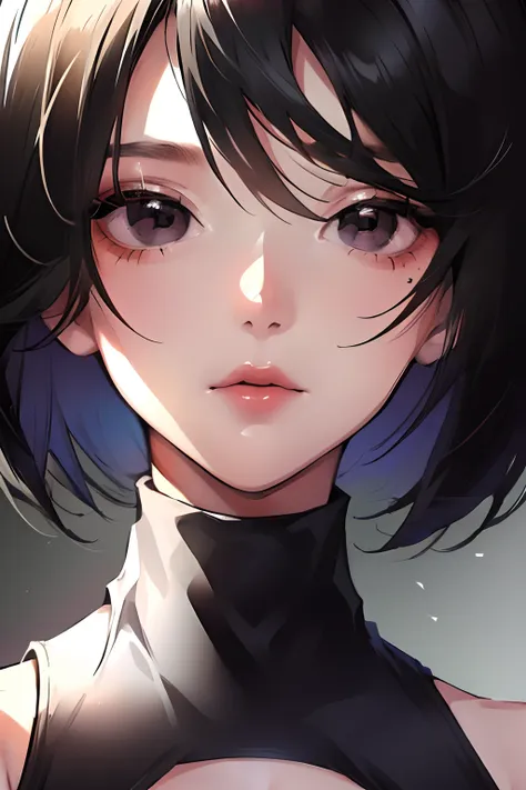 {masutepiece},{Best Quality},{1girl in}, Cute, amazing, Beautiful detailed eyes, Black eyes, Short hair, Black hair,finely detail,depth of fields,extremely details CG,Original, highly detailed wallpaper,Upper body, Looking at Viewer