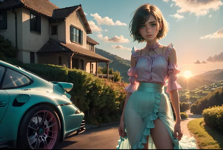 (((realism))), (a girl stand leaning against front a aqua green porsche car:1.6), girl focus, ((see through white frilly shirt:1.3), full body, (pink maxi satin skirt:1.3), (sweaty)), (flashing panty:1.3), 25 years old, (beautiful puffy clouds,  sunset sky...