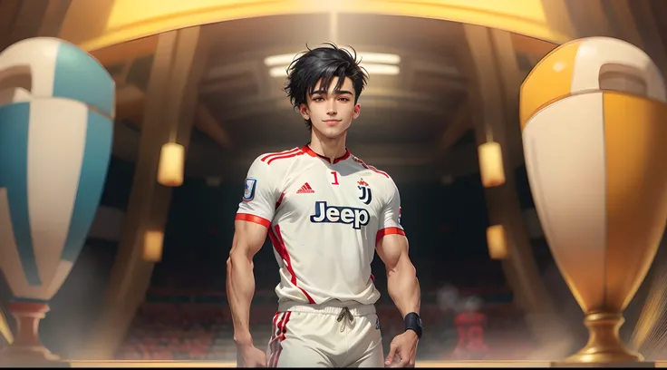 Draw what i say.
Use anime art style, 
Here the prompt:
A man with fair white skin, black hair, red eyes, in an football outfit, crop cut hairstyle, muscular, juventus team, Long pants, smiling while holding fifa cup