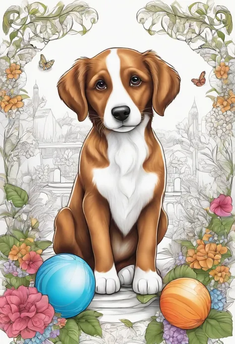 desenho de linha,color not,coloring book for children,fundo branco,Linhas pretas claras isoladas no fundo branco，cachorro brincando com bola no jardim