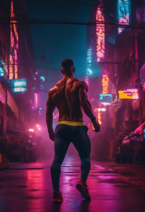 Adolescente peliroja con ropa deportiva, with bodybuilder body walking in the neon streets of cyberpunk city, Obra maestra,