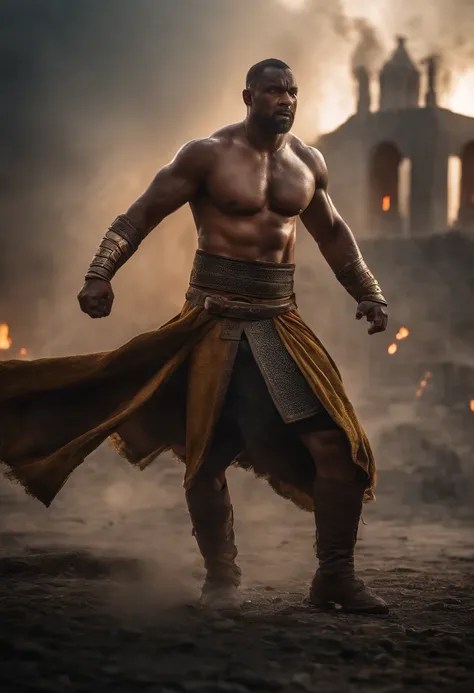 masterpiece, detailed, intricate, epic fantasy, colorful, full body, slight angle, man, 40 years old, hulking, brawny, fitted, ankle wraps, very hairy torso, big strong hands, fine detailed, running, intense action, dynamic juxtaposition, skimpy revealing ...