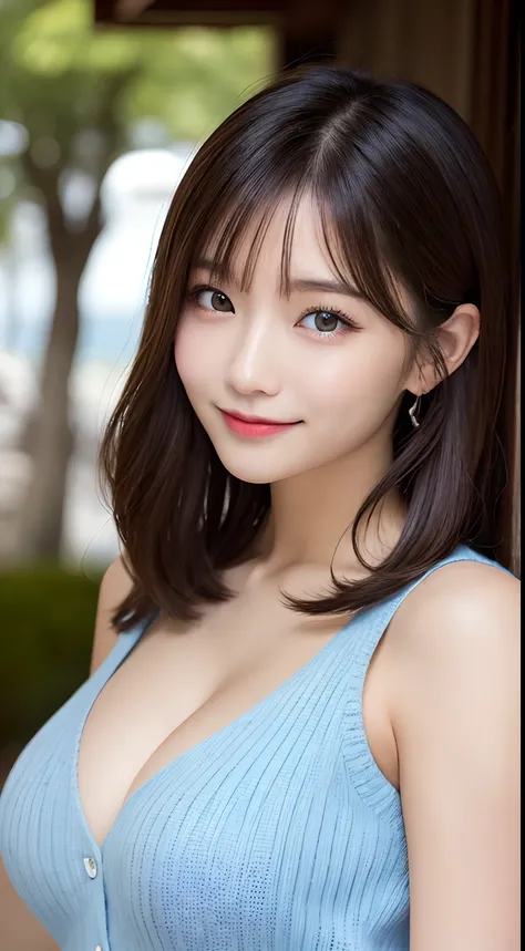 masutepiece, Best Quality, Photorealsitic, finely detail, hight resolution, 8K Wallpapers, Perfect dynamic composition, Beautiful detailed eyes, Medium Hair, Medium chest, Random and sexy poses,Bring your chest together、(Tight Blue Knitwear)、(Breast bulge)...