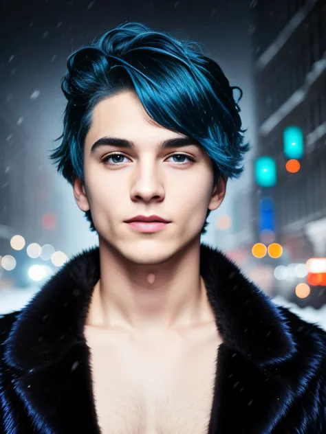 Young man, 20s, blue hair, two-block haircut, shirtless, wearing a black fur coat, reality photo, reality skin, detailed skin, bright light eyes, Biomechanical, mysterious, Scary, nightmarish, Colors very bright, New Yourk city snowing, heavy snowfall