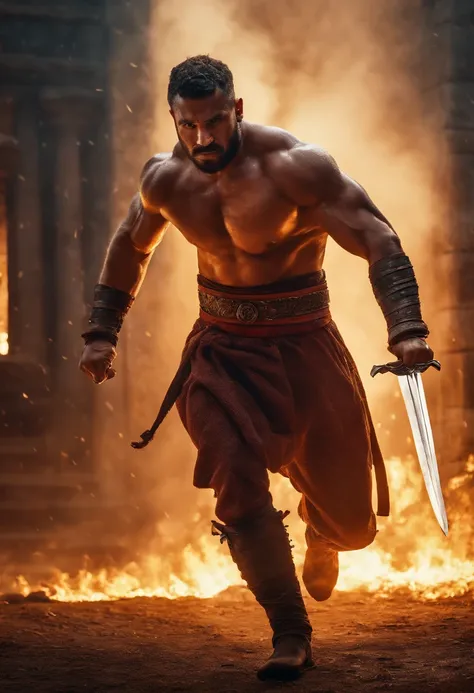 masterpiece, detailed, intricate, epic fantasy, colorful, full body, slight angle, man, 30 years old, hulking, brawny, fitted, ankle wraps, very hairy torso, big strong hands, fine detailed, running, intense action, dynamic juxtaposition, skimpy revealing ...