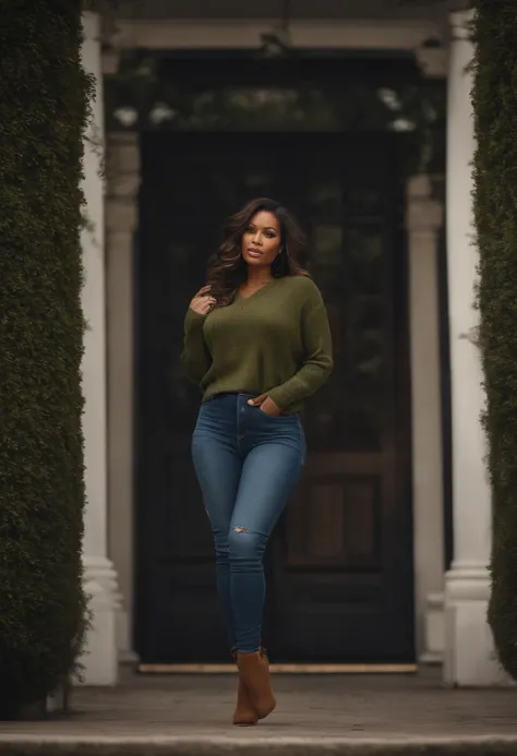 (Masterpiece:1.2, Best quality), 1lady, Solo, Upper body, Big tits, Dark wash skinny jeans, Oversized sweater, Ankle boots, Loose waves, center part, Simple hoop earrings, Green parks