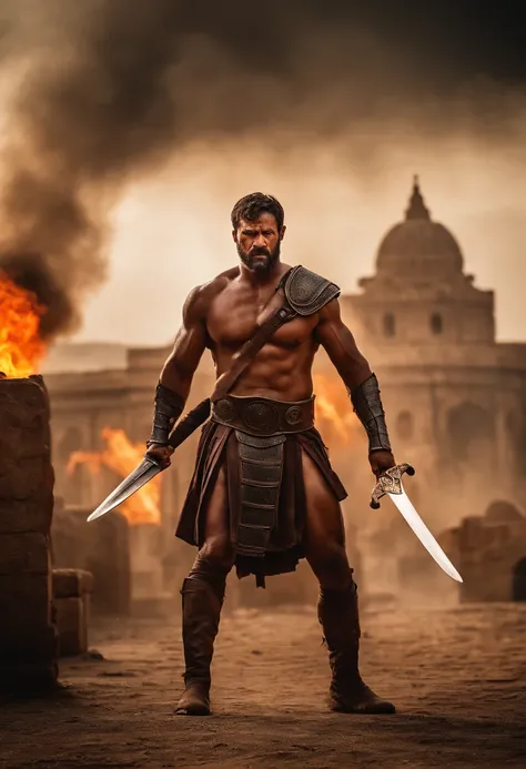 masterpiece, detailed, intricate, epic fantasy, colorful, full body, slight angle, man, 50 years old, hulking, brawny, fierce, fitted, ankle wraps, very hairy torso, big strong hands, fine detailed, running, intense action, dynamic juxtaposition, skimpy re...