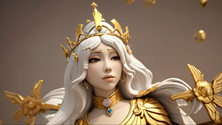 (((Splash ink painting)))，There is a white and gold statue of a woman wearing a crown, Goddess. Extremely high detail, unreal engine rendered + A goddess, (rendering by octane) Fantasy style, gilded lotus princess, fantasy style 8 k octane render, trending...