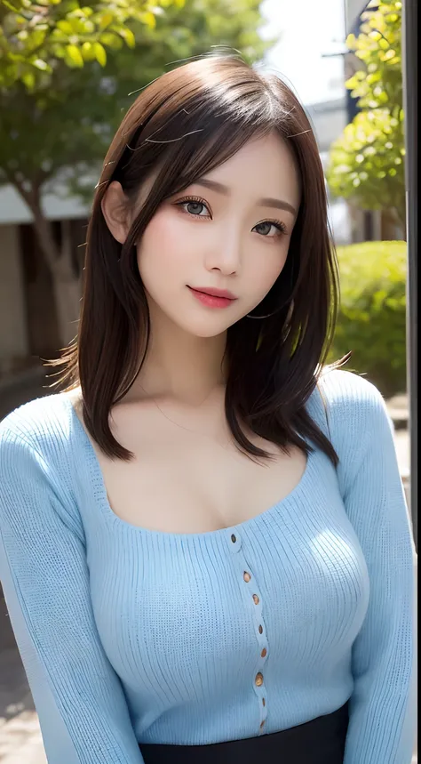 masutepiece, Best Quality, Photorealsitic, finely detail, hight resolution, 8K Wallpapers, Perfect dynamic composition, Beautiful detailed eyes, Medium Hair, Medium chest, Random and sexy poses,Bring your chest together、(Tight Blue Knitwear)、(Breast bulge)...