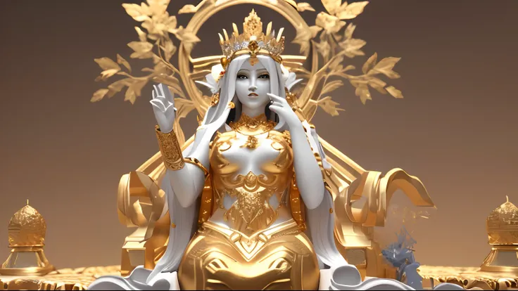 There is a white and gold statue of a woman wearing a crown, Goddess. Extremely high detail, unreal engine rendered + A goddess, (rendering by octane) Fantasy style, gilded lotus princess, fantasy style 8 k octane render, trending on cgstation, 3 d render ...