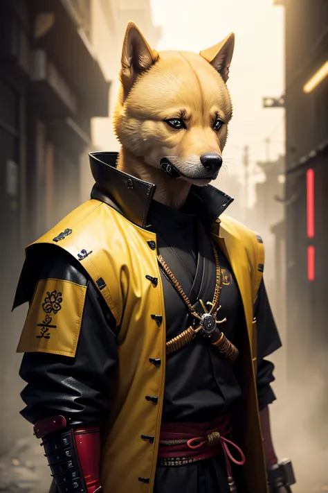 3:4 Yellow doge samurai with hyper-realistic cyberpunk style