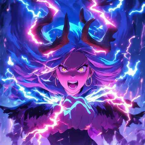 Witch queen with antlers casting lightning spells and summoning creatures