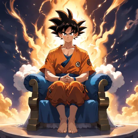 Goku usando um terno social preto, sitting on a royal throne with a cigarette in his hand, serious look, expression serious, incredible details, nuvens amarelas ao fundo