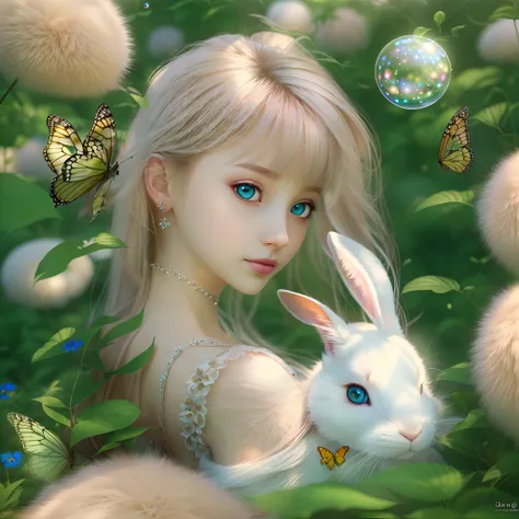 (best quality,4k,8k,highres,masterpiece:1.2),ultra-detailed,(realistic,photorealistic,photo-realistic:1.37),dreamy,2.5D,white rabbit,illustration,ethereal atmosphere,soft tones,subtle lighting,detailed fur,whimsical,daydreaming girl,enchanted garden,flower...