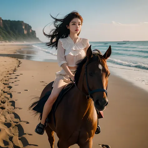 8K、4K、Top image quality、high-level image quality、Picture-like images、girl with、ride horse、mare、sand beach、shores、the wind、