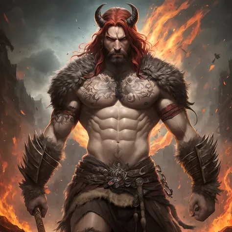 Berserker, Barbarian man, Arte de Fantasia, of his gaze alone enemies beginning to panic, one head, devilish smile, besta do inferno, demonio, White Fire Sky, guerreiro, com foice e escudo, lindo, homens, Werelion, Long red braided hair, olhos dourados bri...