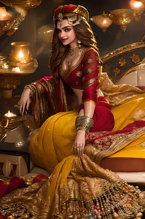 Indian actress Deepika Padukone wearing a vibrant saree lying in bed seductively, smiling