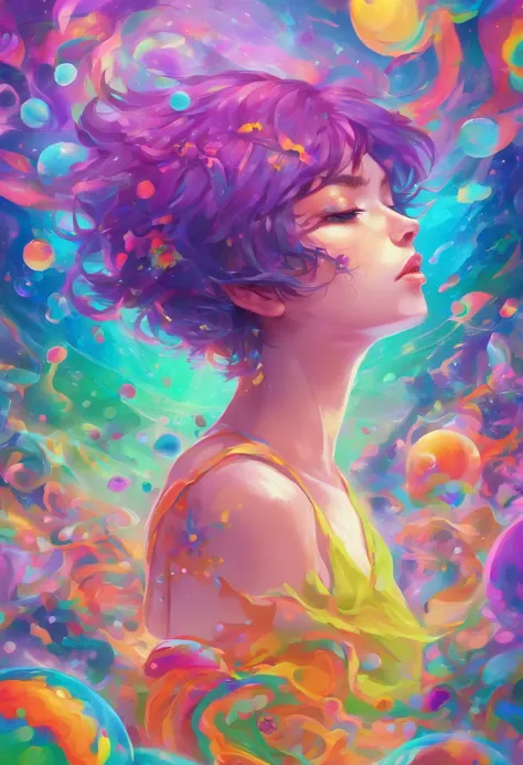 ((top-quality, 8K)), (Realistic), (Face Focus: 1.1), (Blue, Green and purple colors: 1.2), Kawaii Girl, short-hair, 
Hair fluttering in the wind, Facing to the side, Look up at your face, Eyes closed, (Sleeveless: 1.1)、Skirt, D Cup Breasts, Countless soap ...