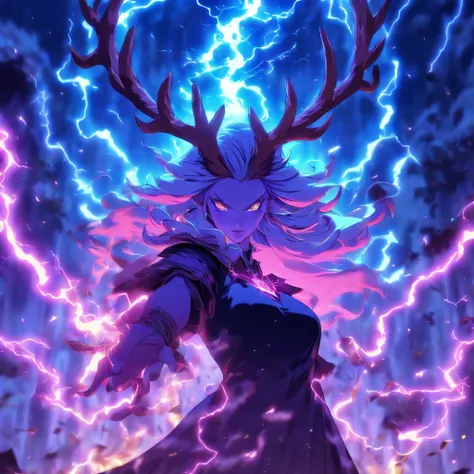 Witch queen with antlers casting lightning spells and summoning creatures