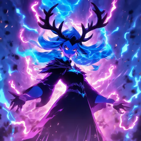 Witch queen with antlers casting lightning spells and summoning creatures